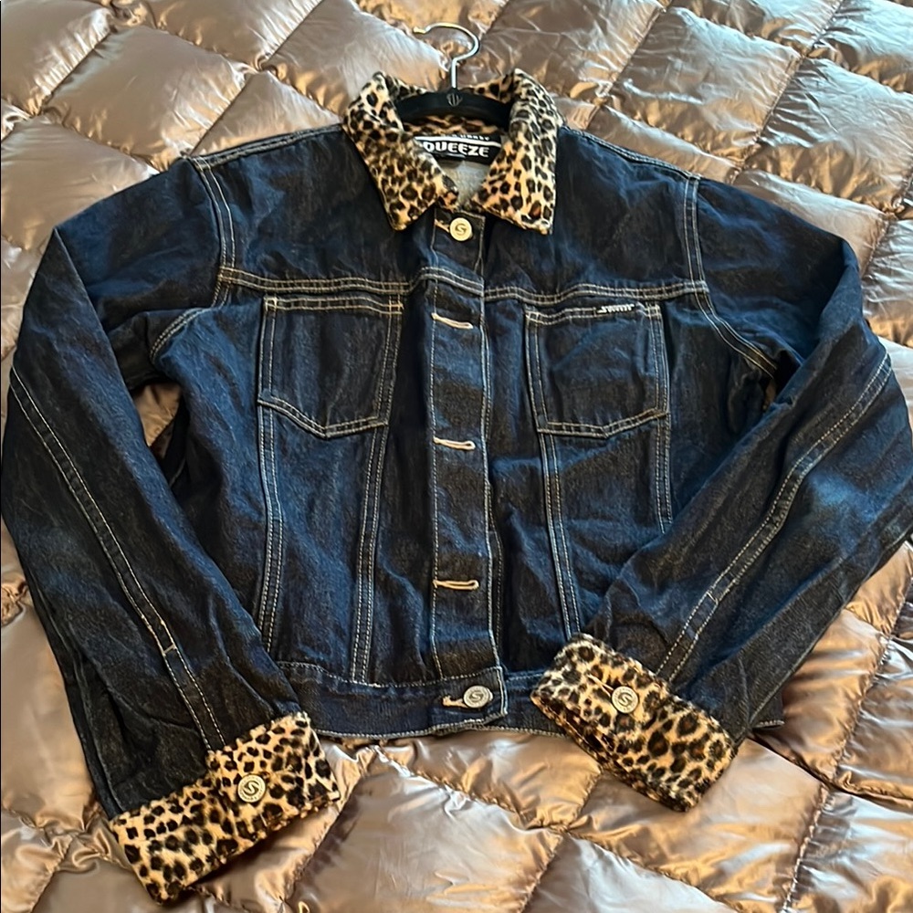 Squeeze Denim Jacket with Leopard Trim